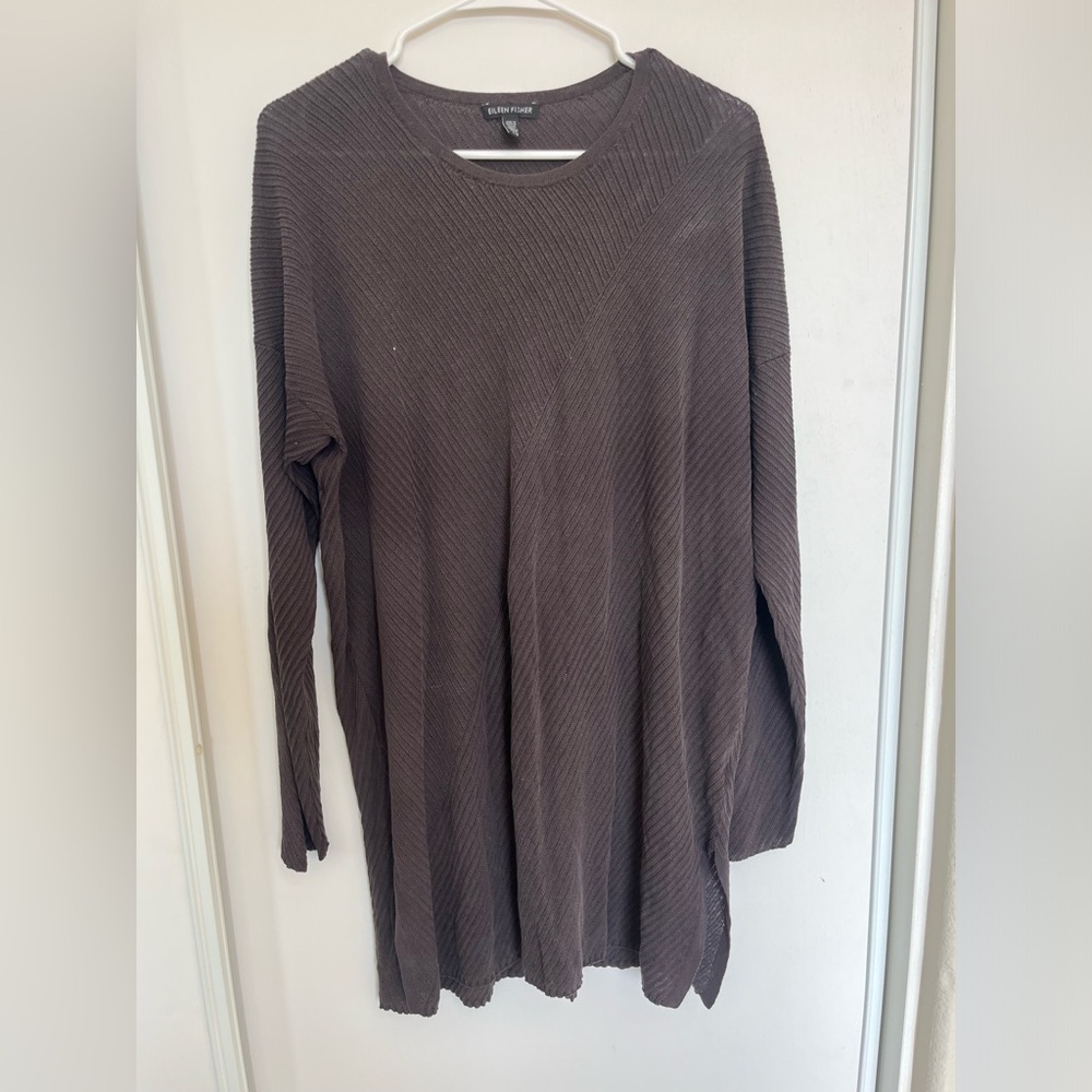 Eileen Fisher Ribbed Lightweight Tencel Nylon Sweater Sz Large Brown Side Slits‎